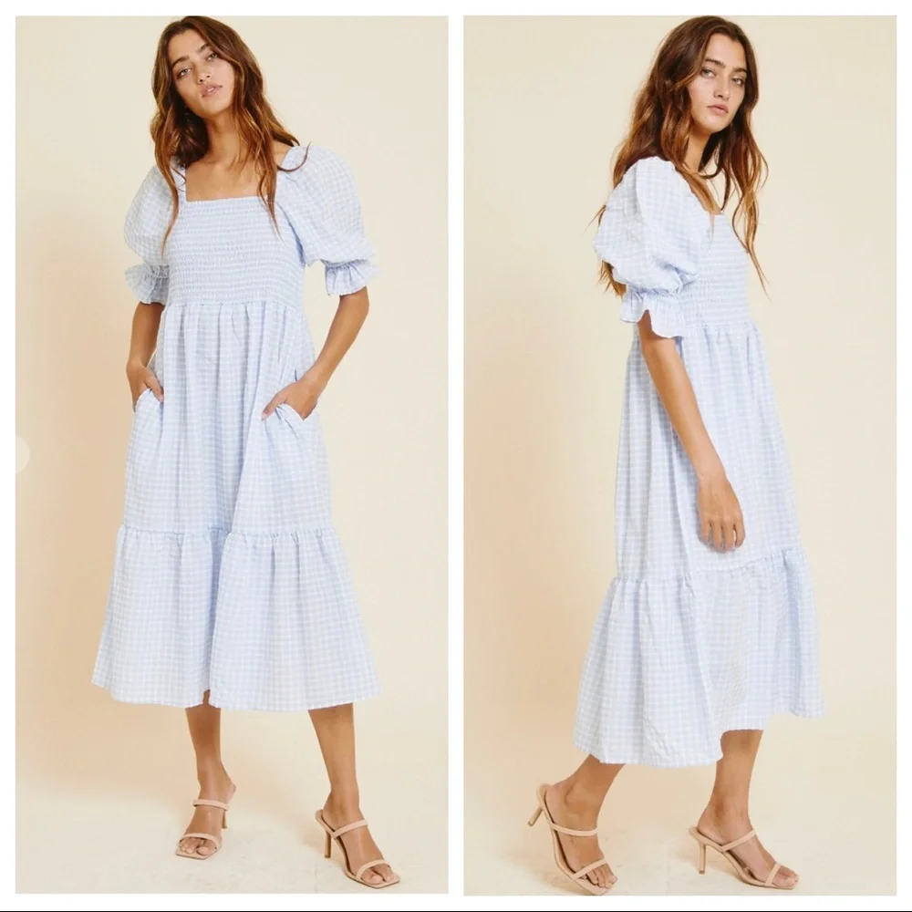 Hanna Chambray quarter Sleeve Tier Prairie Dress - Picture 1 of 3